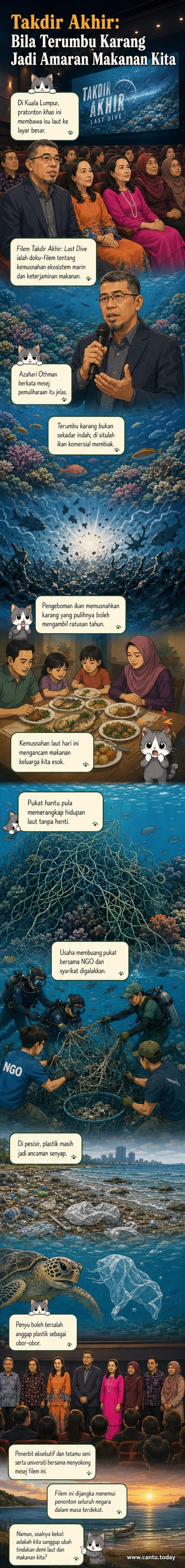 Poster filem 'Takdir Akhir: Last Dive' dengan latar laut dalam dan terumbu karang yang retak, menunjukkan ancaman terhadap ekosistem marin.