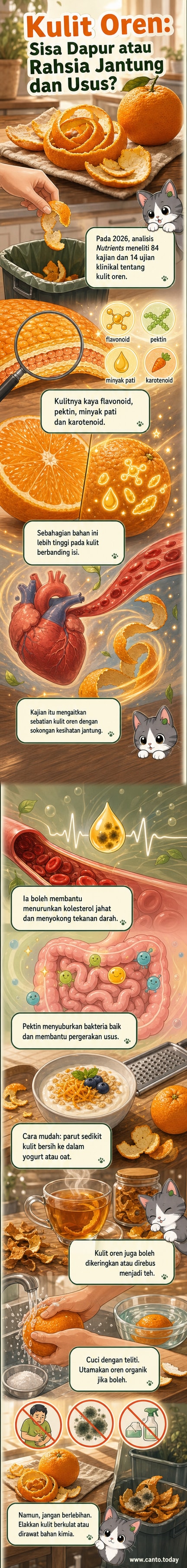 Ilustrasi kulit oren yang dibuka menunjukkan empulur putih dan potongan kecil kulit dimasukkan ke dalam yogurt dan cawan teh, dengan ikon jantung dan usus menunjukkan manfaat kesihatan.