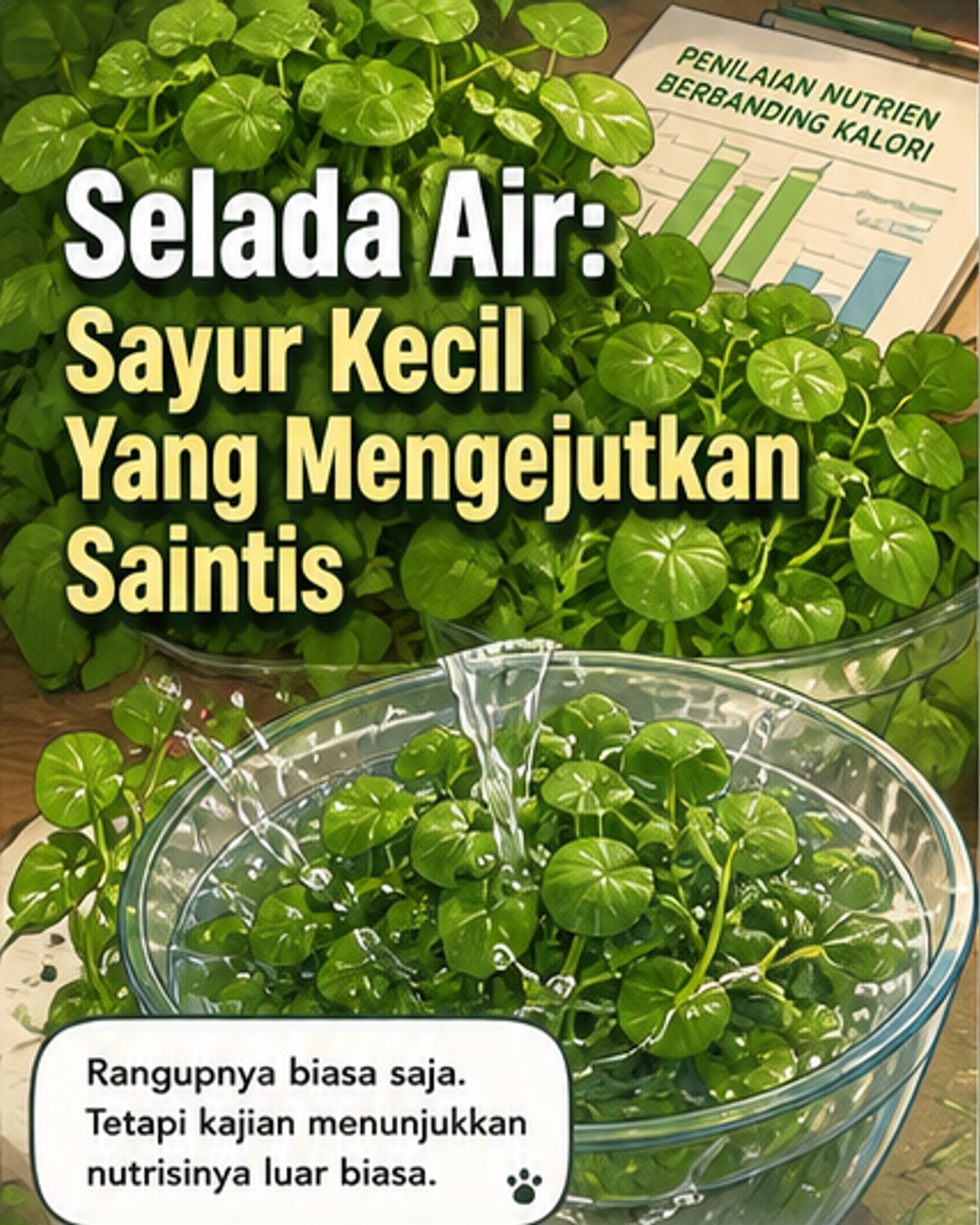 Ilustrasi selada air segar dengan daun hijau lembut, dikelilingi oleh makanan sihat lain seperti brokoli dan buah-buahan, latar belakang sawah padi Vietnam.