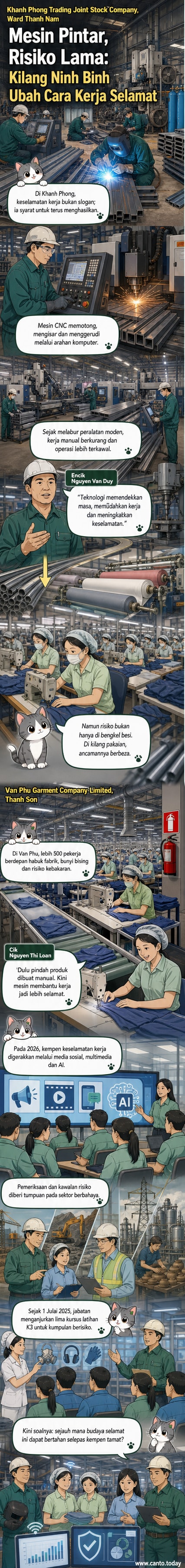 Pekerja di bengkel Vietnam mengawal mesin CNC automatik sambil memakai peralatan pelindung diri, dengan latar belakang tali sawat pengeluaran automatik dan sistem pengudaraan moden.