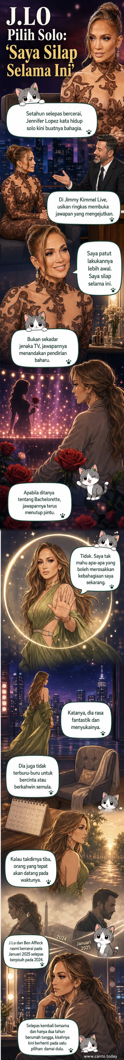 Ilustrasi Jennifer Lopez tersenyum tenang, dikelilingi ikon kemerdekaan seperti kunci, hati patah yang diperbaiki, dan kalender menunjukkan tahun 2026.