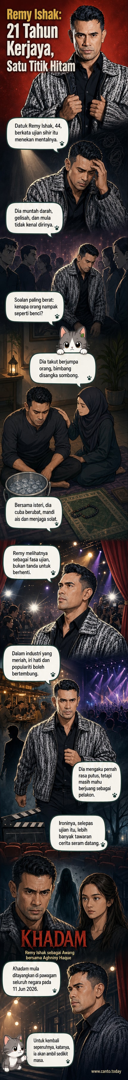 Pelakon Remy Ishak berdiri di hadapan poster filem seram 'Khadam', wajahnya menunjukkan ketegangan dan kewaspadaan.