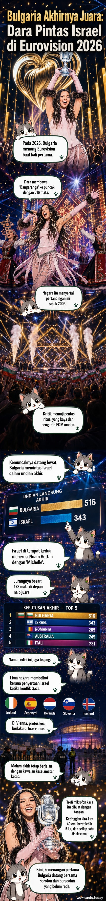 Penyanyi Bulgaria Dara memegang trofi Eurovision 2026, tersenyum lebar di atas pentas dengan latar belakang lampu warna-warni dan pakaian tradisional bergaya moden.