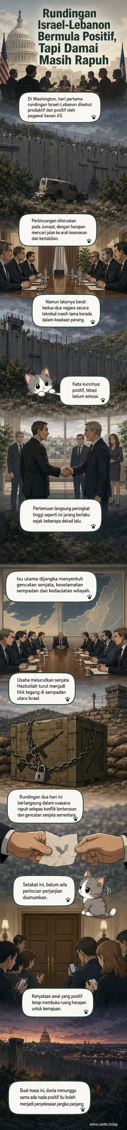 Ilustrasi dua wakil negara berjabat tangan di meja rundingan dengan bendera Amerika Syarikat, Israel, dan Lebanon, latar belakang peta Timur Tengah dan bangunan institusi AS di Washington.