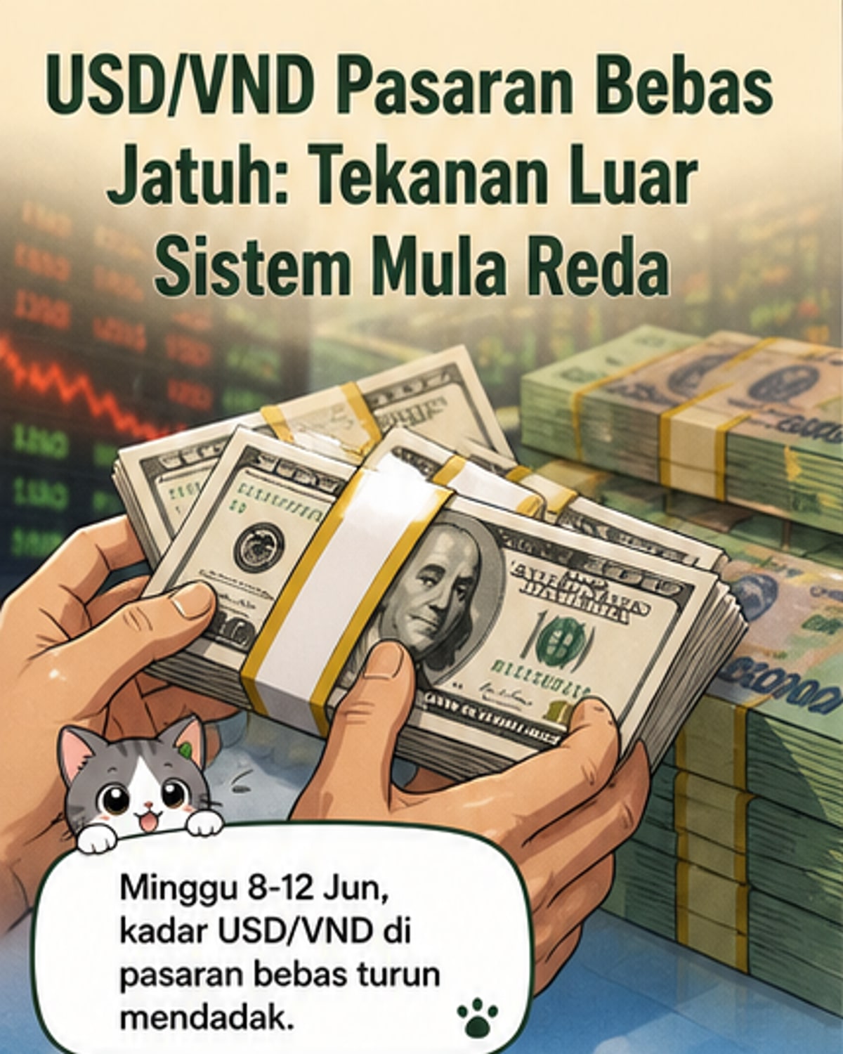 Grafik menunjukkan kejatuhan kadar pertukaran USD/VND di pasaran bebas Vietnam pada pertengahan Jun 2026, disertai penurunan harga emas domestik dan antarabangsa.