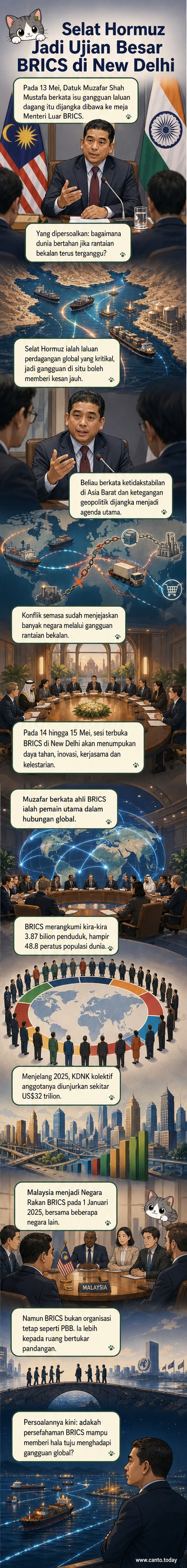 Peta menunjukkan lokasi Selat Hormuz dengan kapal-kapal tangki minyak dan ikon konflik, disertai simbol negara anggota BRICS.