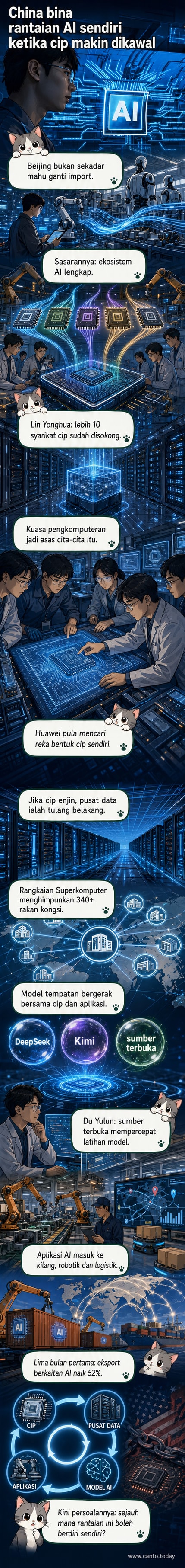 Ilustrasi robot humanoid dan barisan pengeluaran pintar di bawah bendera China, menggambarkan pembinaan ekosistem AI menyeluruh.