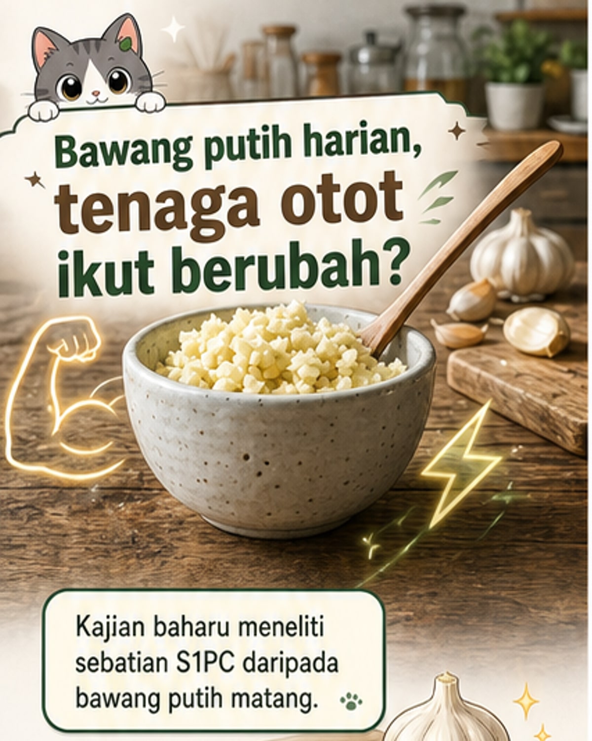 Ilustrasi bawang putih dengan ikon sistem saraf dan otot, menunjukkan bagaimana sebatian dalam bawang putih mempengaruhi kekuatan otot melalui tisu lemak dan otak.
