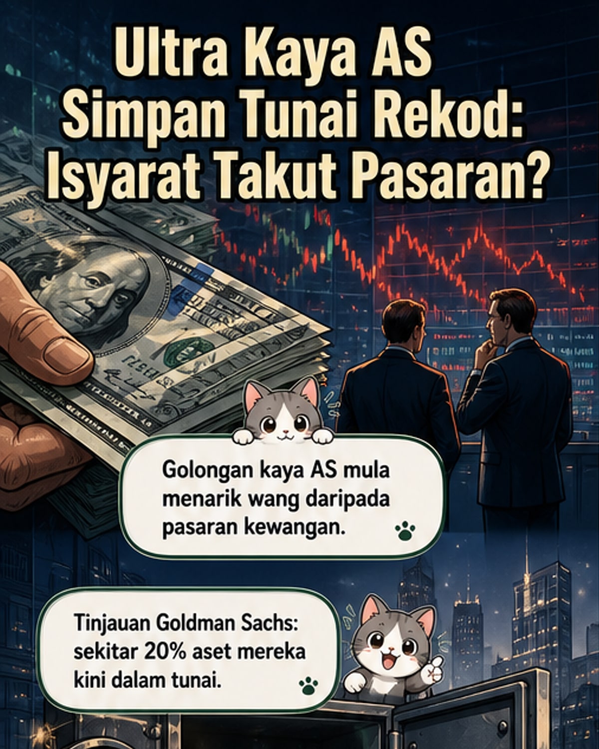 Ilustrasi jutawan AS menyimpan wang tunai dalam peti besi besar, dengan latar belakang grafik saham turun naik dan lukisan seni mahal.