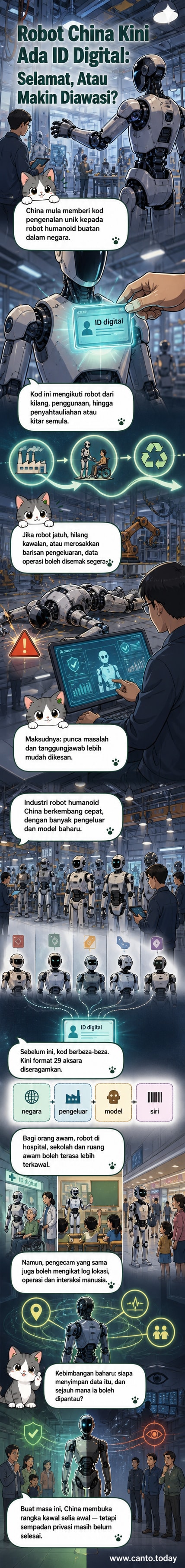 Ilustrasi robot humanoid berdiri di tengah ruang kawalan dengan kod QR dan siri nombor 29 aksara muncul di layar di belakangnya, melambangkan sistem pengenalan unik yang diperkenalkan oleh kerajaan China.