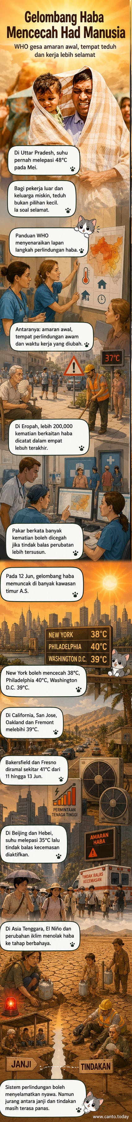 Peta dunia menunjukkan zon merah gelombang haba di India, Eropah, AS timur, China dan Asia Tenggara, dengan suhu melebihi 45°C di beberapa kawasan.