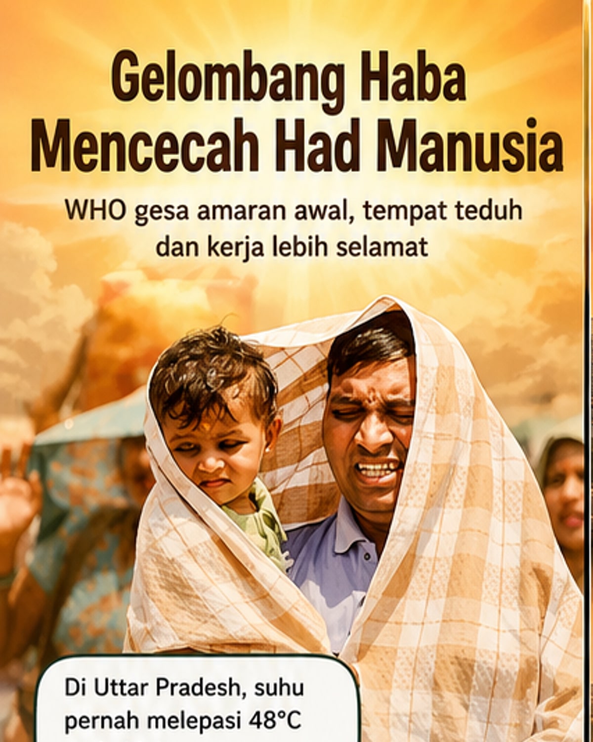 Peta dunia menunjukkan zon merah gelombang haba di India, Eropah, AS timur, China dan Asia Tenggara, dengan suhu melebihi 45°C di beberapa kawasan.
