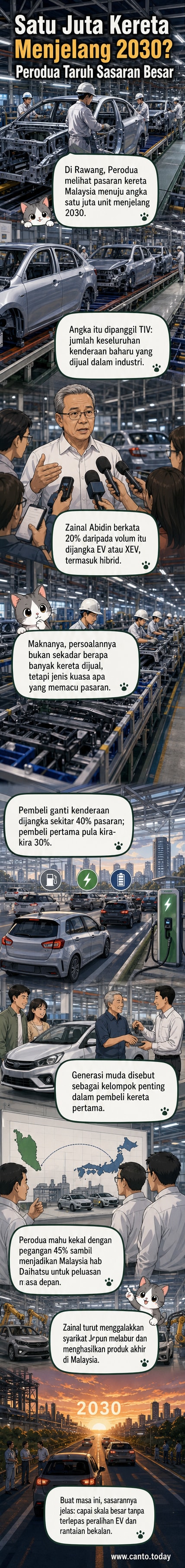 Pekerja sedang memasang kereta di kilang Perodua, dengan latar belakang barisan kenderaan siap yang tersusun rapi.