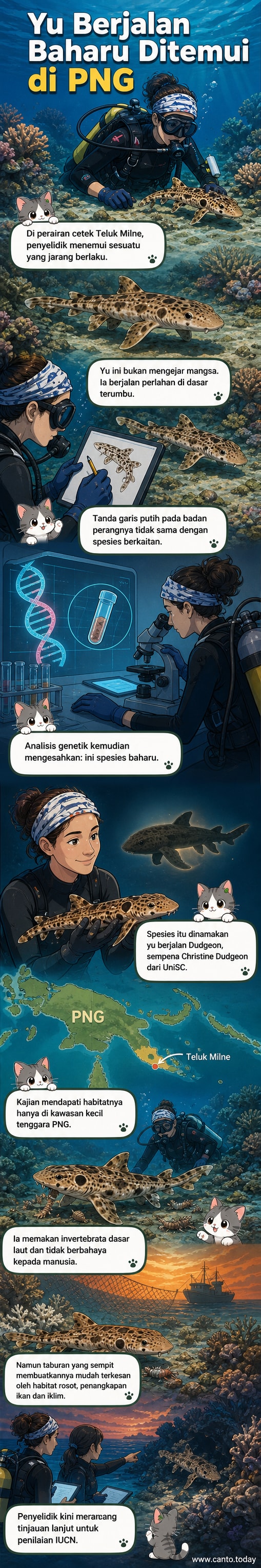 Ilustrasi yu berjalan dengan empat sirip seperti kaki, bergerak perlahan di atas terumbu karang di perairan cetek Papua New Guinea.