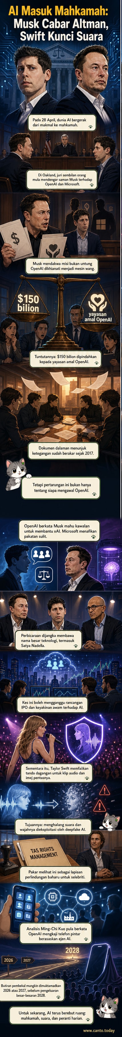 Ilustrasi wajah Elon Musk dan Sam Altman di mahkamah, Taylor Swift di atas pentas dengan simbol perisian AI, dan konsep telefon pintar AI dengan antara muka berasaskan ejen.