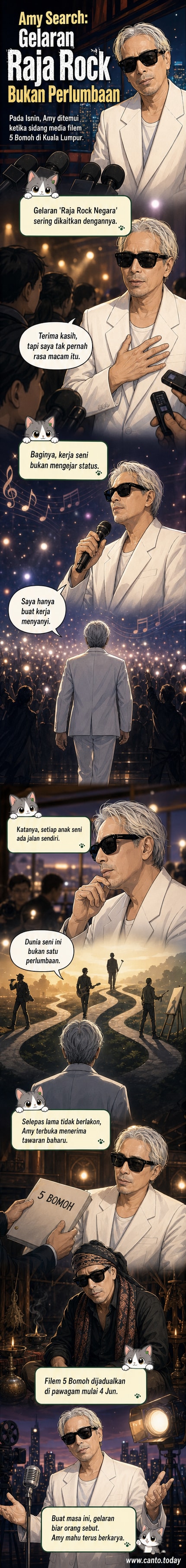 Gambar seniman Amy Search memakai kemeja hitam, tersenyum tenang, latar belakang pentas muzik dengan lampu merah dan ungu.