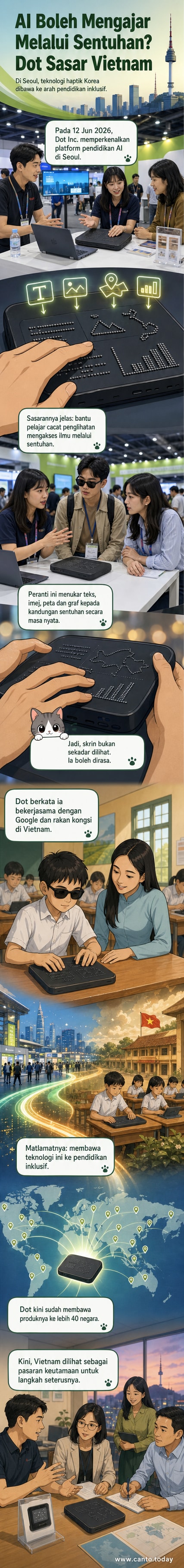 Ilustrasi peranti haptik yang menunjukkan bagaimana teks dan imej diubah kepada bentuk sentuh untuk pengguna tunanetra.