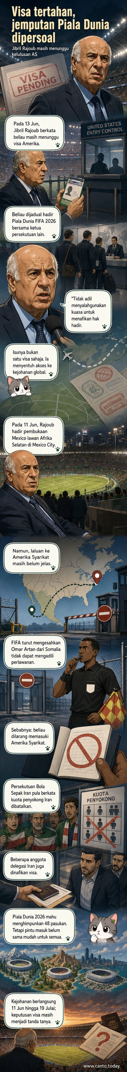 Ilustrasi seorang pemimpin bola sepak berdiri di luar sempadan Amerika Syarikat dengan dokumen visa di tangan, latar belakang stadion Piala Dunia.