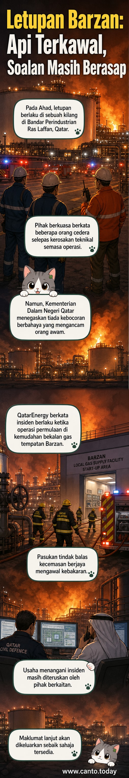 Ilustrasi letupan dan asap mengepul dari kemudahan gas di tengah kawasan perindustrian, dengan kren dan jentera tindak balas kecemasan di lokasi.
