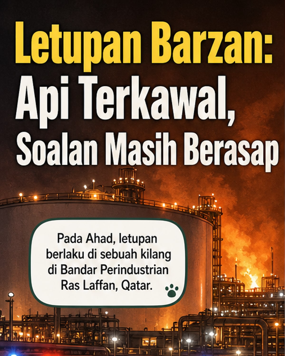 Ilustrasi letupan dan asap mengepul dari kemudahan gas di tengah kawasan perindustrian, dengan kren dan jentera tindak balas kecemasan di lokasi.
