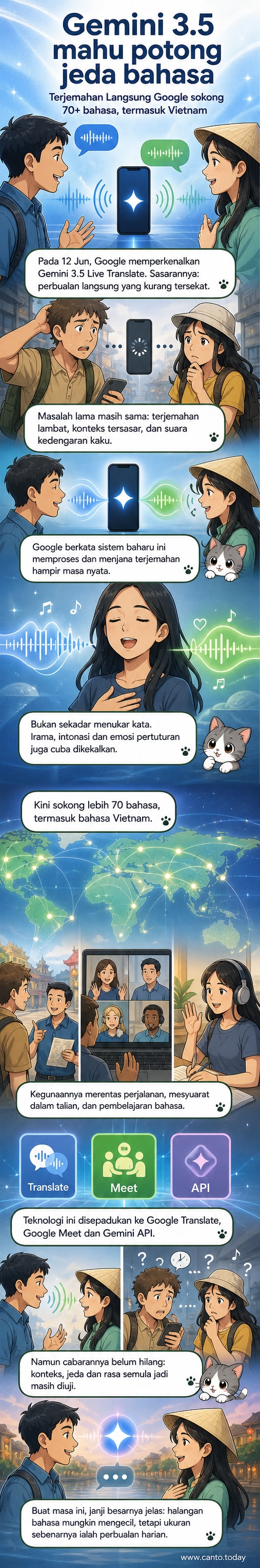 Ilustrasi dua orang dari negara berbeza berbual secara lancar menggunakan telefon dengan antara muka terjemahan langsung Google Gemini, simbol dunia dan gelombang suara mengelilingi mereka.