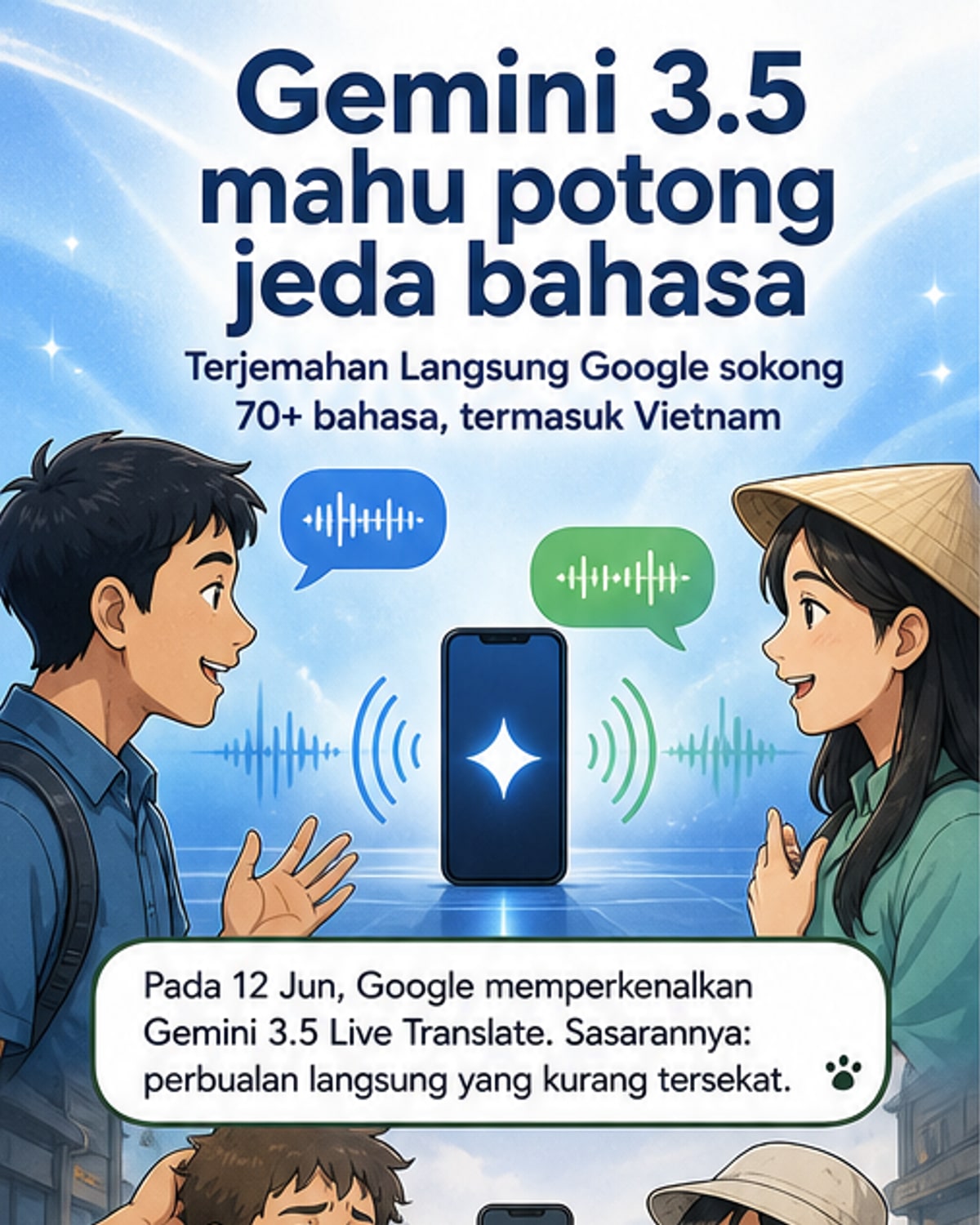 Ilustrasi dua orang dari negara berbeza berbual secara lancar menggunakan telefon dengan antara muka terjemahan langsung Google Gemini, simbol dunia dan gelombang suara mengelilingi mereka.
