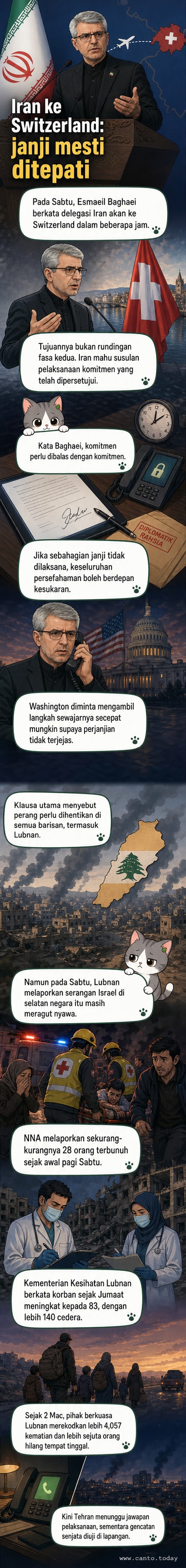 Ilustrasi delegasi Iran berjalan menuju bangunan diplomatik di Bern, Switzerland, dengan latar belakang bendera Iran dan AS, menunjukkan tekanan untuk penuhi komitmen gencatan senjata.
