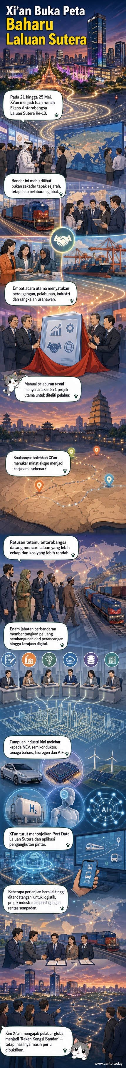 Peta digital Jalur Sutera dengan ikon data, kereta elektrik, dan semikonduktor mengelilingi simbol bandar Xi'an.
