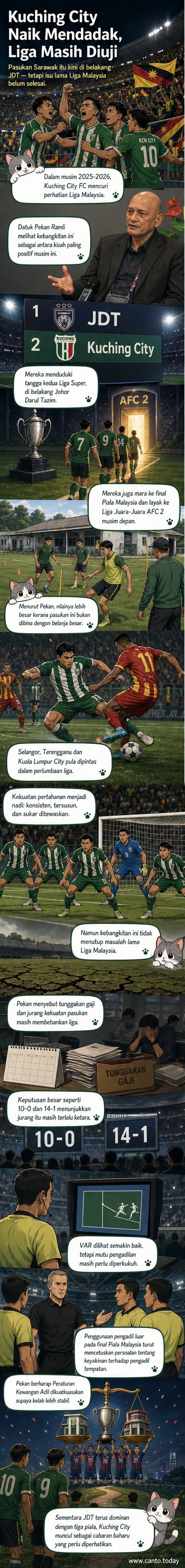 Pemain Kuching City FC beraksi dalam perlawanan Liga Super, dengan latar belakang penyokong setia dan suasana padang yang membara.