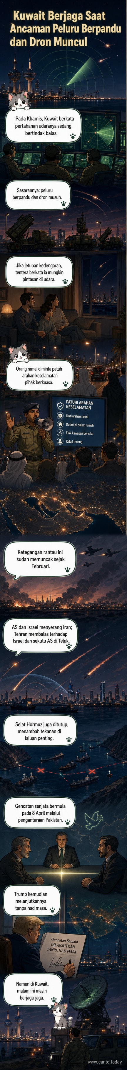 Ilustrasi sistem pertahanan udara Kuwait sedang memintas dron dan peluru berpandu musuh di langit malam, dengan latar belakang ketegangan geopolitik di kawasan Teluk.