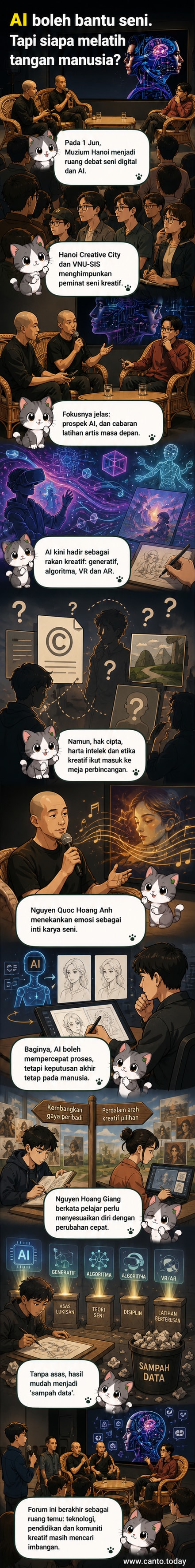 Ilustrasi dua tangan — satu manusia, satu robot — sedang melukis bersama di atas kanvas digital, latar belakang galeri seni moden di Hanoi.