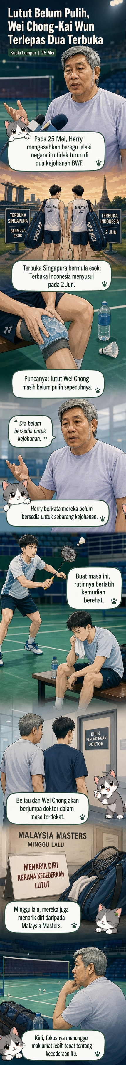 Pasangan gandaan badminton Malaysia, Man Wei Chong dan Tee Kai Wun, berlatih di gelanggang dengan latar belakang doktor dan jurulatih memantau pemulihan cedera lutut.