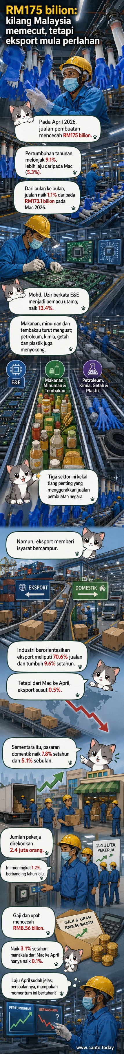 Grafik menunjukkan pertumbuhan jualan sektor pembuatan Malaysia pada April 2026, dengan RM175 bilion dalam jualan dan peningkatan dalam subsektor utama seperti elektronik dan makanan.