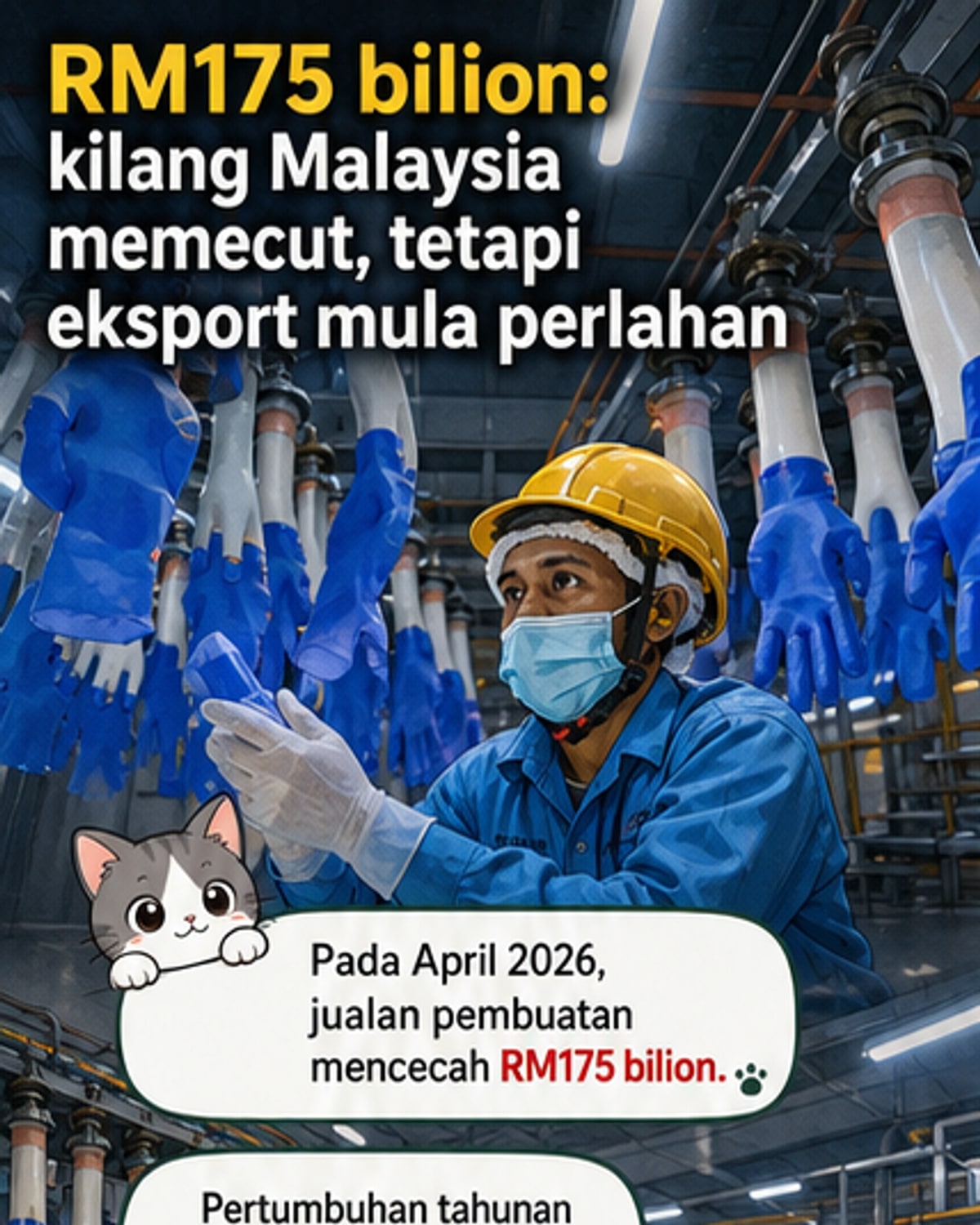 Grafik menunjukkan pertumbuhan jualan sektor pembuatan Malaysia pada April 2026, dengan RM175 bilion dalam jualan dan peningkatan dalam subsektor utama seperti elektronik dan makanan.