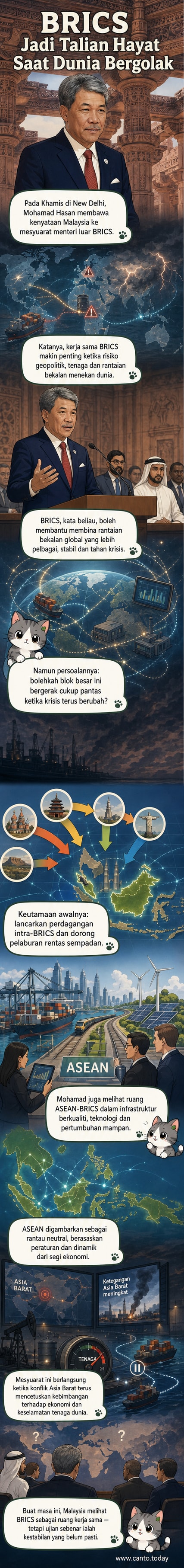 Ilustrasi diplomatik antara wakil negara BRICS dan ASEAN dalam mesyuarat antarabangsa, menekankan kerjasama ekonomi dan ketahanan rantaian bekalan.