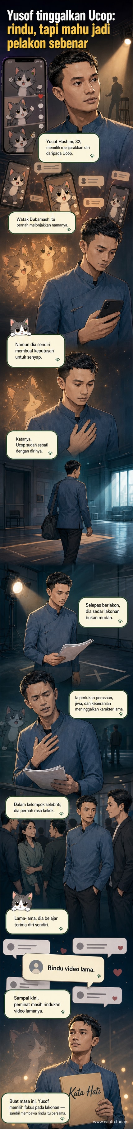 Pelakon Yusof Hashim duduk bersendirian, wajahnya menunjukkan keraguan antara dua identiti: Ucop dan pelakon serius.