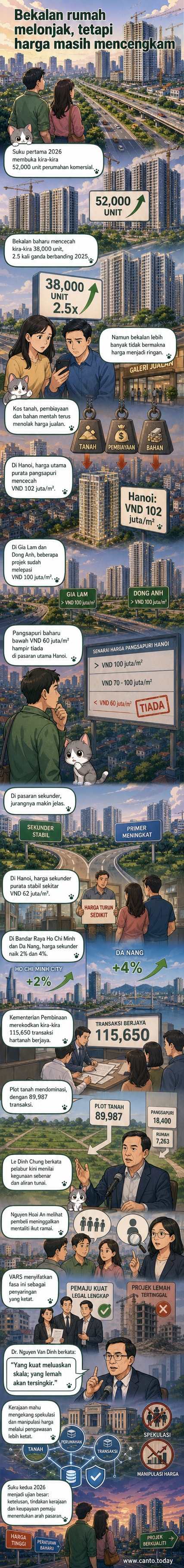Ilustrasi pasaran hartanah Vietnam dengan bangunan bertingkat, grafik harga naik, dan ikon dokumen sah, menunjukkan ketegangan antara bekalan meningkat dan penyaringan ketat pemain pasaran.