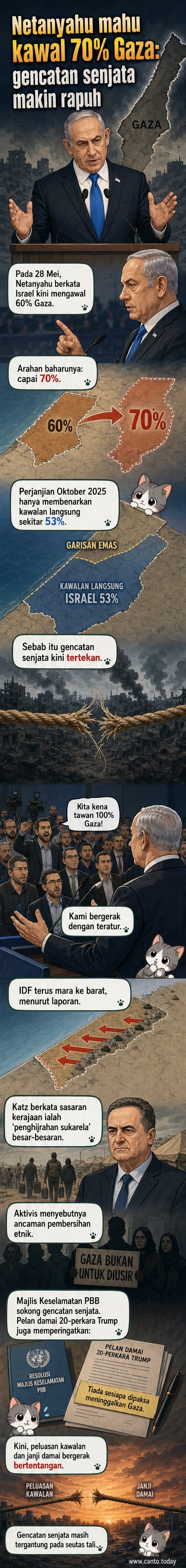 Ilustrasi peta Semenanjung Gaza dengan zon kawalan Israel (70%) dan Hamas, menunjukkan perluasan tentera dan krisis gencatan senjata.