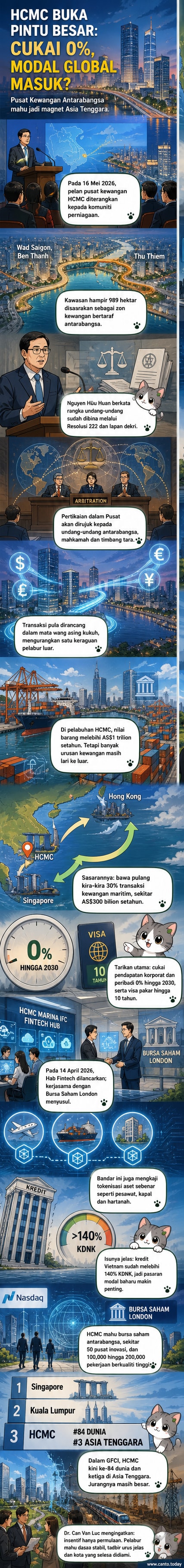 Ilustrasi bandar raya moden dengan bangunan tinggi, kapal kargo, dan simbol kewangan seperti mata wang dan grafik, mewakili pusat kewangan antarabangsa Ho Chi Minh City.