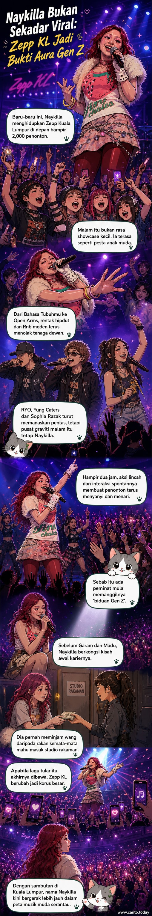 Penyanyi muda Indonesia Naykilla sedang membuat persembahan energetik di pentas Zepp KL dengan penonton yang antusias, latar belakang lampu warna-warni dan suasana konser Gen Z.