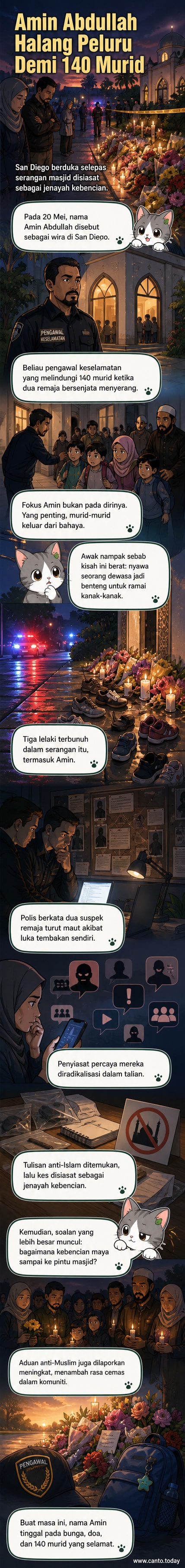 Ilustrasi pengawal keselamatan berdiri di hadapan kanak-kanak di dalam masjid, melindungi mereka dari ancaman senjata.