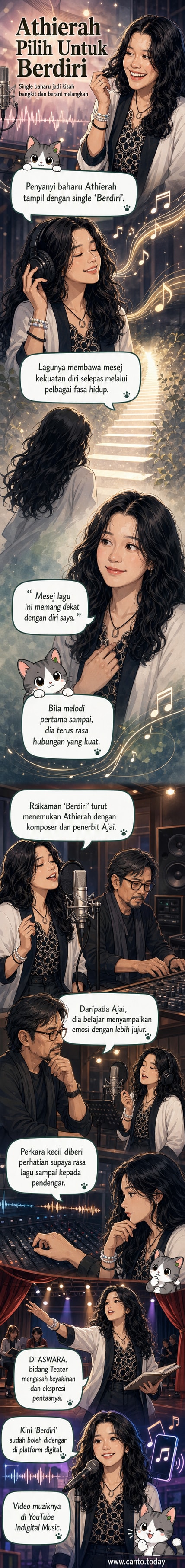 Penyanyi muda Athierah sedang menyanyi di atas pentas dengan latar belakang lampu biru dan ungu, memperlihatkan ekspresi penuh semangat.