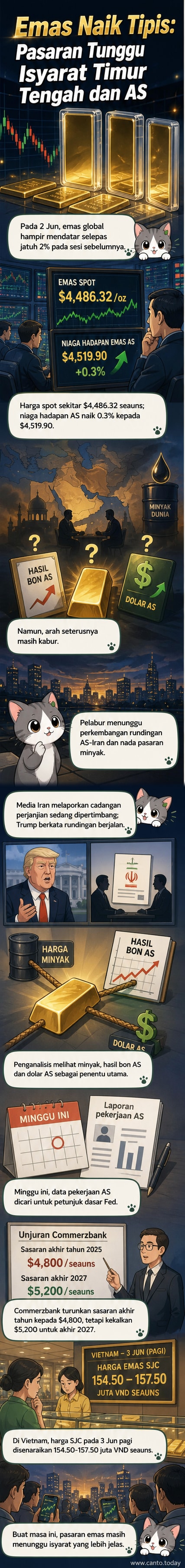 Grafik harga emas dengan latar belakang peta Timur Tengah dan bendera AS, menunjukkan ketegangan geopolitik dan data ekonomi sebagai faktor utama pergerakan harga.