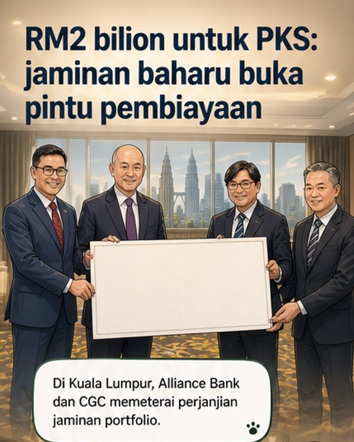 Ilustrasi dua pihak menandatangani perjanjian pembiayaan RM2 bilion untuk PKS dengan latar belakang ikon perniagaan kecil dan wang.