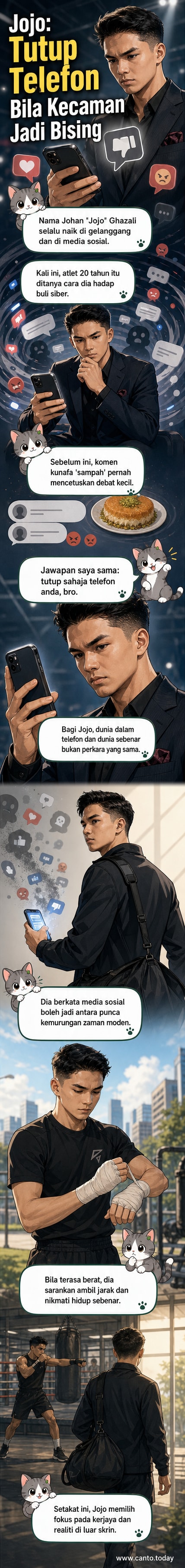 Ilustrasi petinju muda tersenyum sambil meletakkan telefon bimbit ke dalam beg, dengan latar belakang gelanggang dan skrin penuh komen maya.