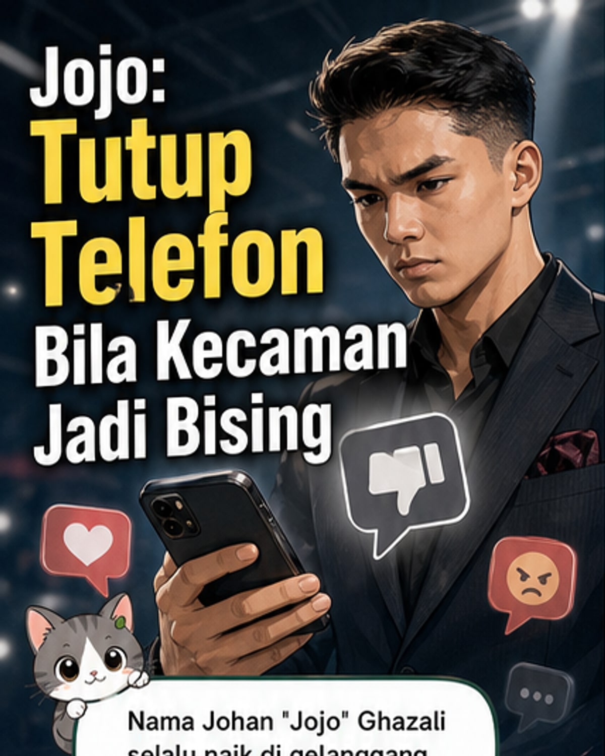 Ilustrasi petinju muda tersenyum sambil meletakkan telefon bimbit ke dalam beg, dengan latar belakang gelanggang dan skrin penuh komen maya.