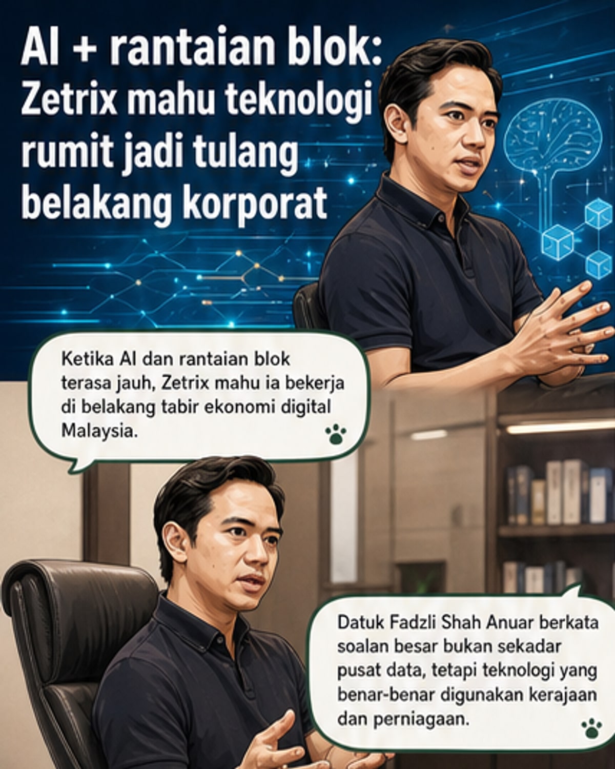 Ilustrasi dua tangan manusia berjabat tangan dengan tangan robotik di tengah latar belakang data digital dan rangkaian rantaian blok, simbolik integrasi manusia dan AI dalam ekosistem korporat.
