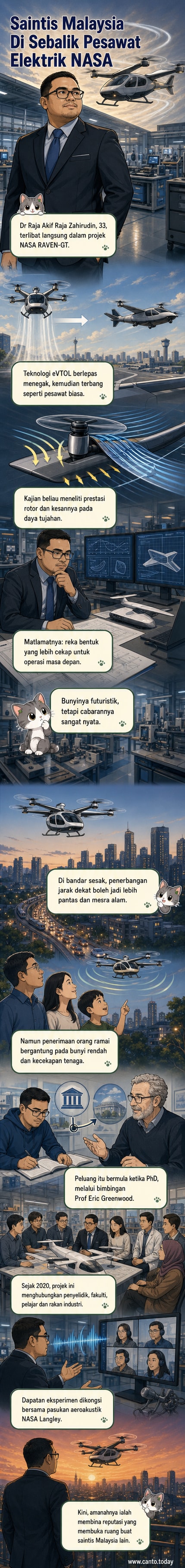 Ilustrasi saintis muda Malaysia bekerja dalam makmal aeroangkasa, menganalisis model pesawat eVTOL dengan latar belakang sketsa teknologi udara masa depan dan logo NASA.