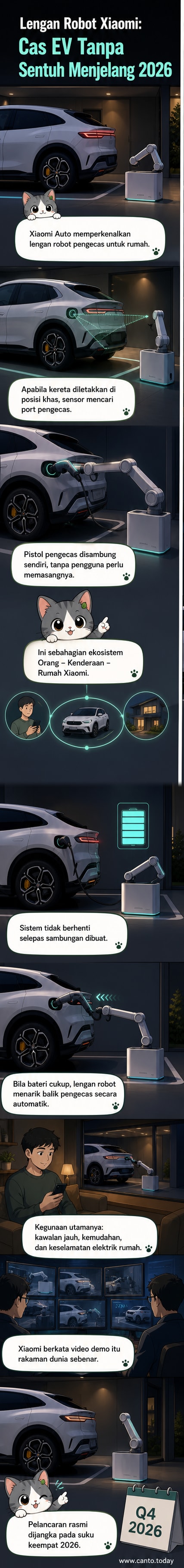 Ilustrasi lengan robot Xiaomi secara automatik menyambung pengecas ke kenderaan elektrik di garaj rumah, dengan sensor aktif dan paparan digital menunjukkan proses pengecasan.