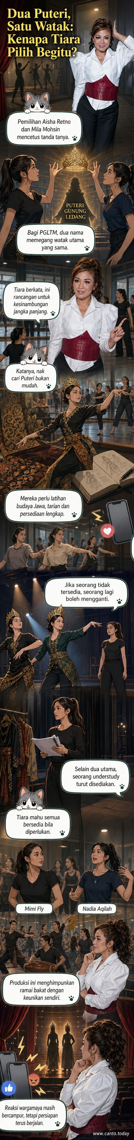 Dua pelakon wanita berdiri dalam kostum tradisional Jawa, mewakili watak Puteri Gunung Ledang, dengan latar belakang teater dan lampu pentas.